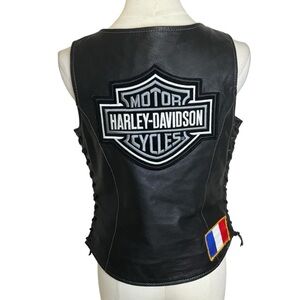 UNIK Harley Davidson Black Leather Woman’s sz S American Flag Biker Vest Custom